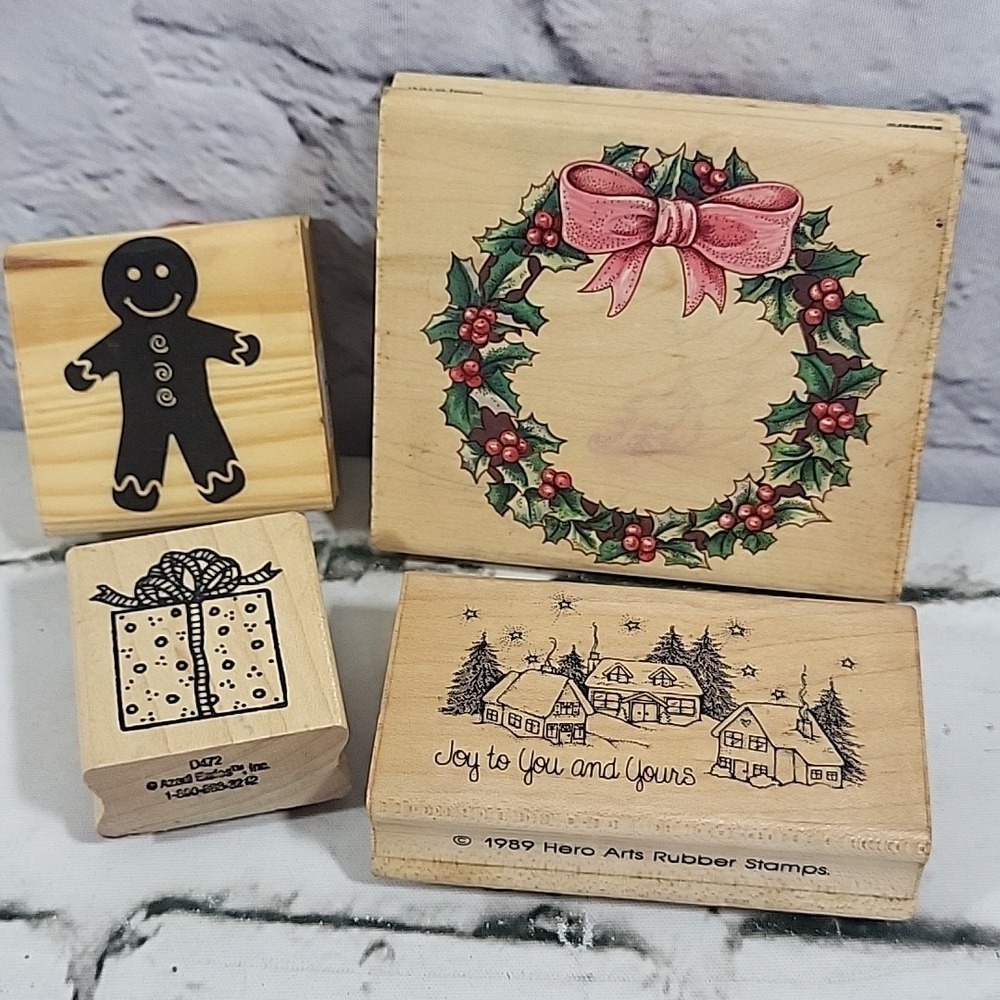 Vintage Rubber Stamps Christmas Lot Of 4 Holiday Wreath Gift Gingerbread Man